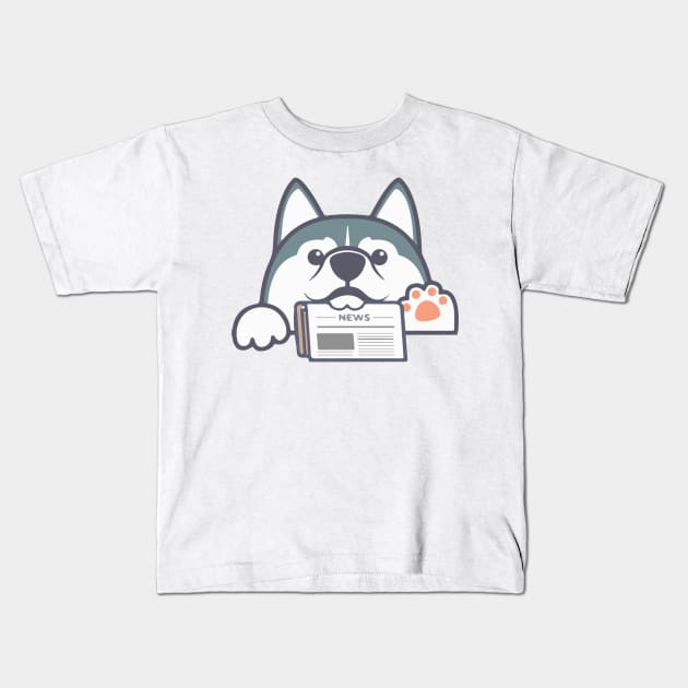 Husky Dog with Newspaper Kids T-Shirt by eyoubree